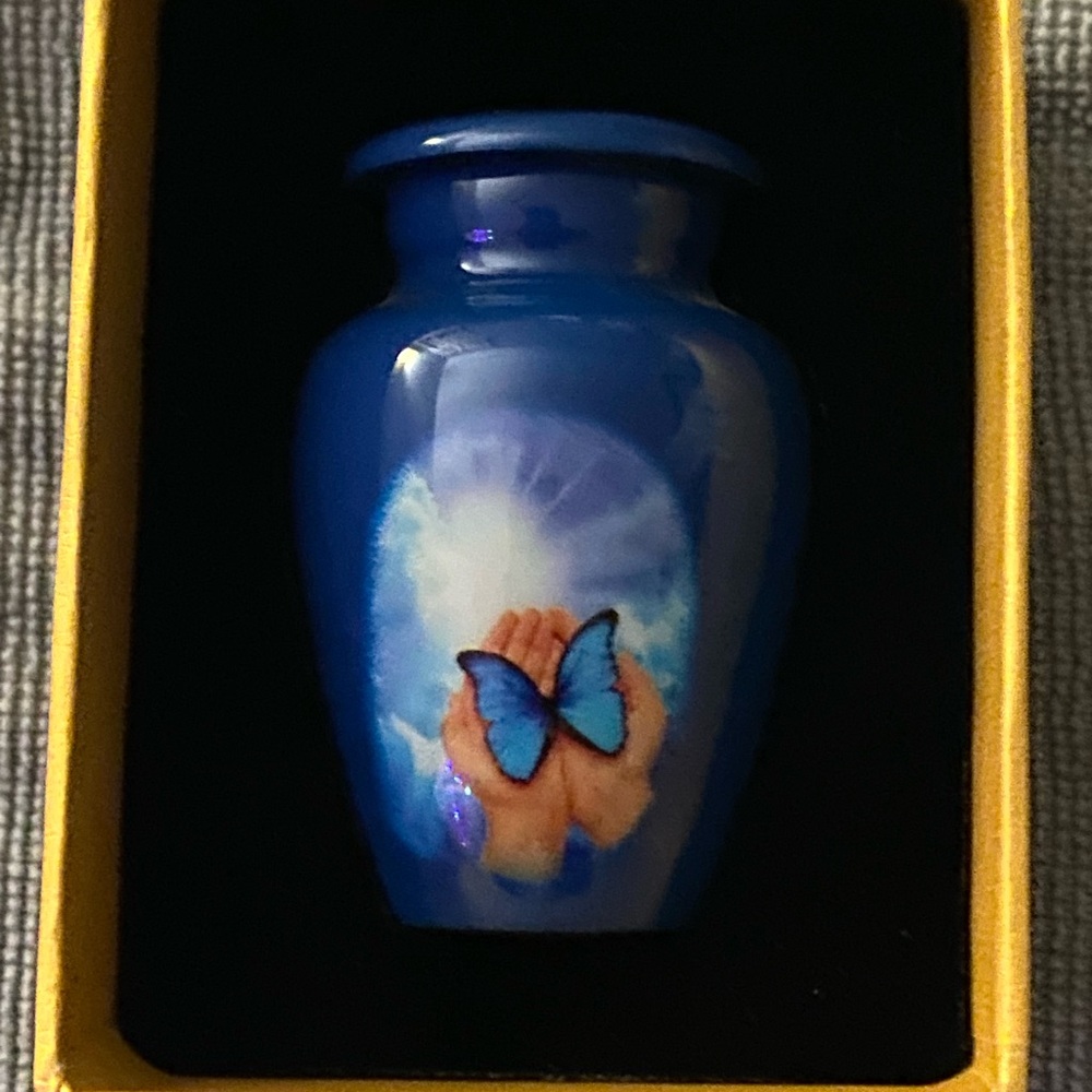 XS Blue Butterfly Keepsake Urn. Brand New in Box.